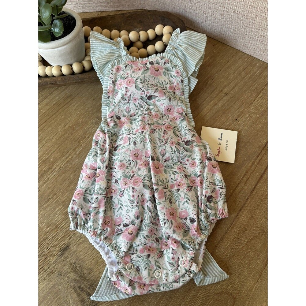 Sophie & Lucas NWT Pink/Mint Floral Bubble Romper 6 Mos